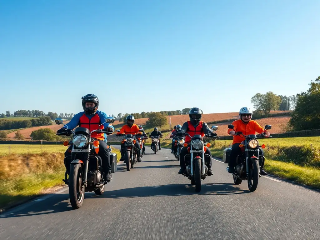 A scenic image of a group ride organized by COMITE DEPARTEMENTAL MOTOCYCLISTE, showcasing riders enjoying the open road while adhering to safety guidelines and promoting responsible riding.