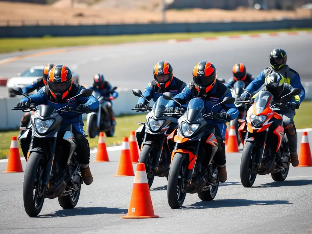 A group of motorcyclists participating in a training session on a closed circuit, focusing on improving their riding skills and safety techniques, under the guidance of experienced instructors.