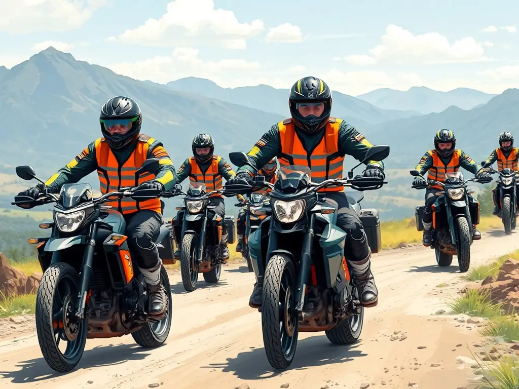 A dynamic image showcasing a group of motocyclists participating in an advanced riding skills workshop, set against a backdrop of a challenging and scenic course. The riders are wearing full safety gear and are focused on mastering various riding techniques.
