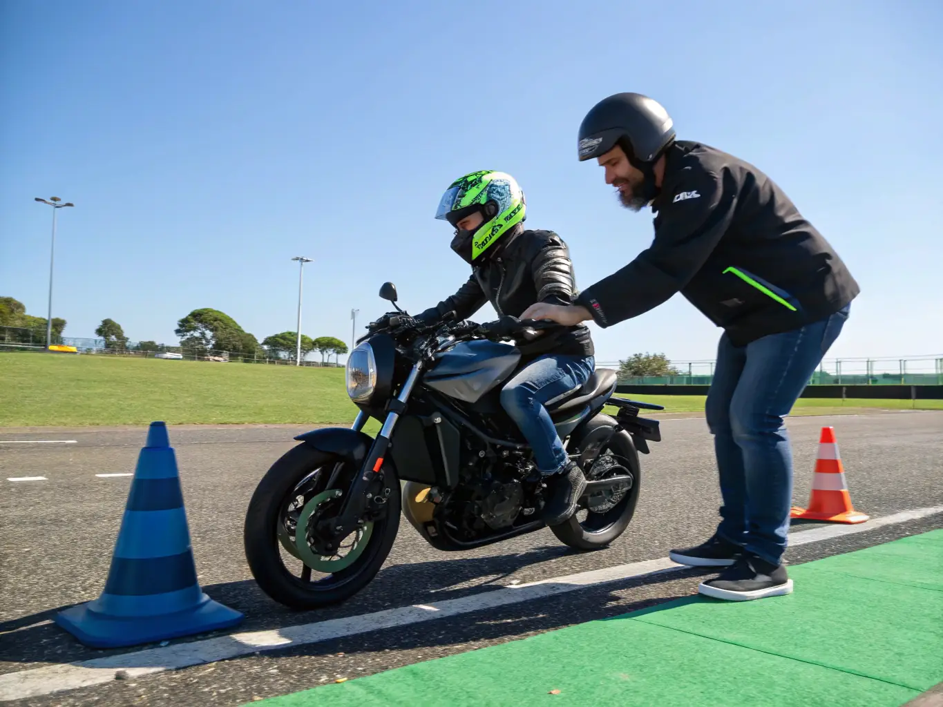 An image depicting a safety training session for young motocyclists, emphasizing the importance of protective gear and responsible riding habits. The session is led by certified instructors in a controlled environment.