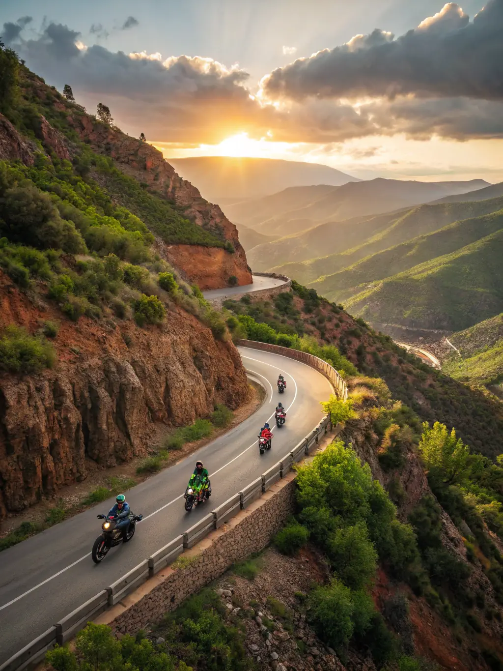 A dynamic image of a group of motorcyclists riding through a scenic mountain pass during a supported tour, showcasing the thrill and camaraderie of the event.