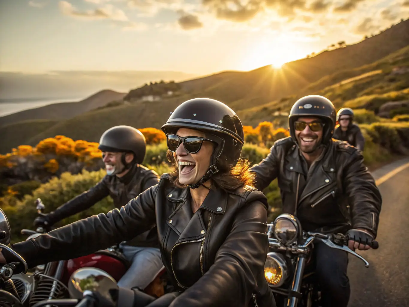 A community ride event with motorcyclists of different ages and backgrounds riding together on a scenic route, promoting camaraderie and responsible riding.
