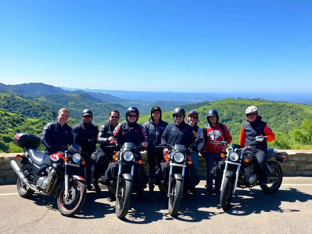 A diverse group of motocyclists are gathered at a scenic overlook, sharing stories and experiences, highlighting the camaraderie and social connections fostered by the COMITE DEPARTEMENTAL MOTOCYCLISTE.